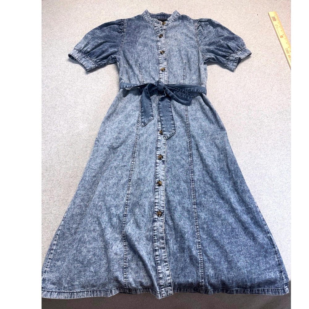 Who What Wear Denim Dress Womens Medium Blue Acid Wash Puff Sleeve Belted Midi